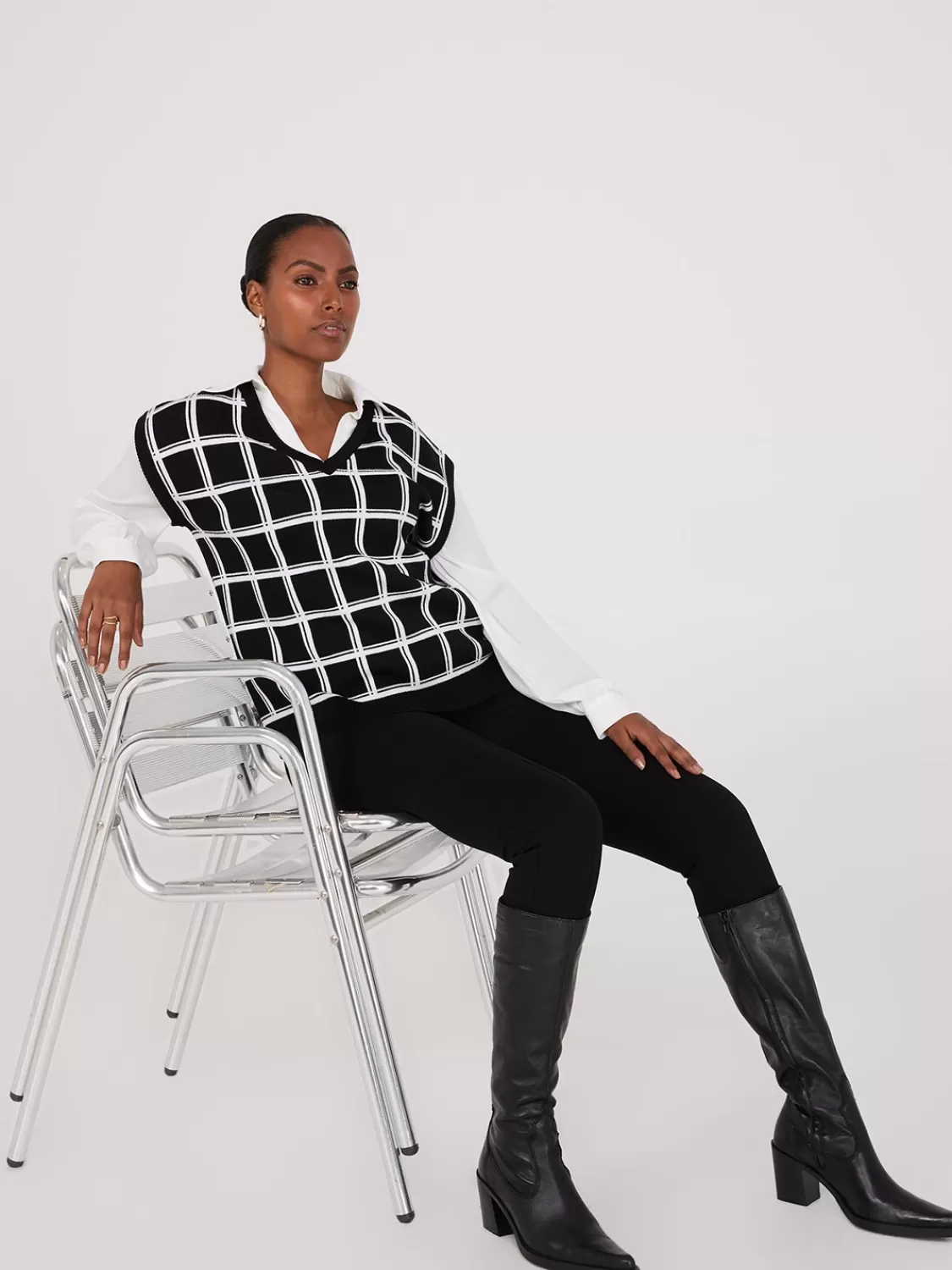 Suzy Shier Long Sleeve | Sweaters & Cardigans*2-Fer Windowpane Print Vest With Blouse