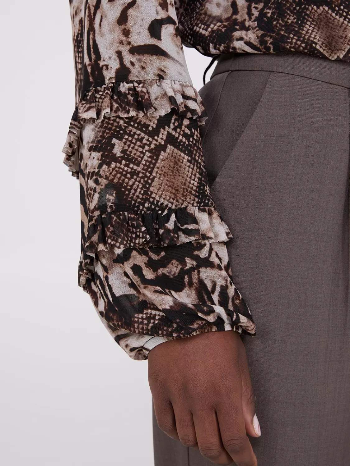 Suzy Shier Tops | Long Sleeve*Animal Print Mesh Top With Ruffle Details