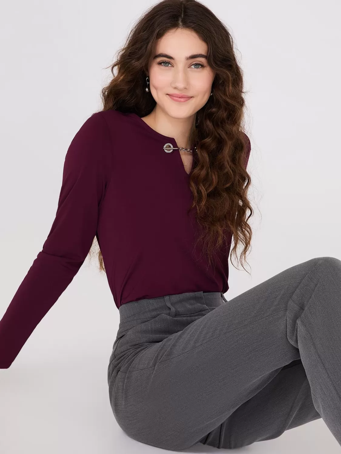 Suzy Shier Tops | Long Sleeve*Chain Keyhole Long Sleeve Top
