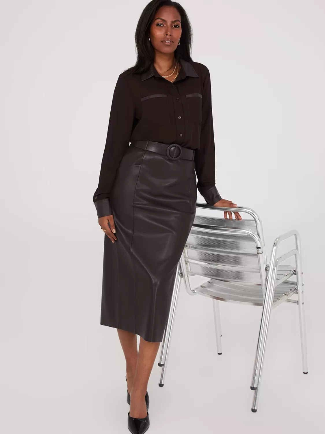 Suzy Shier Tops | Long Sleeve*Chiffon Blouse With Faux Leather Details