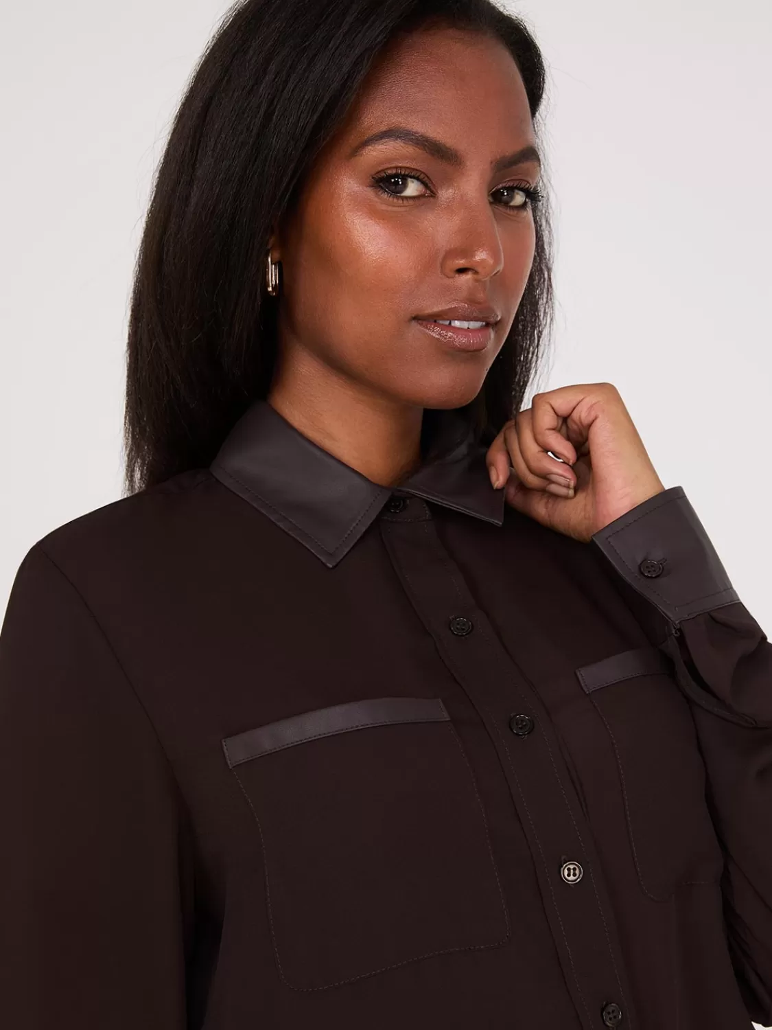 Suzy Shier Tops | Long Sleeve*Chiffon Blouse With Faux Leather Details