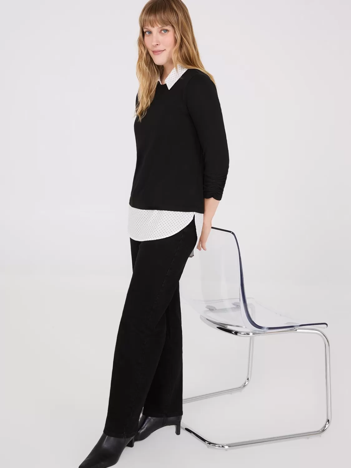 Suzy Shier Long Sleeve*Dot Print 2-Fer Top