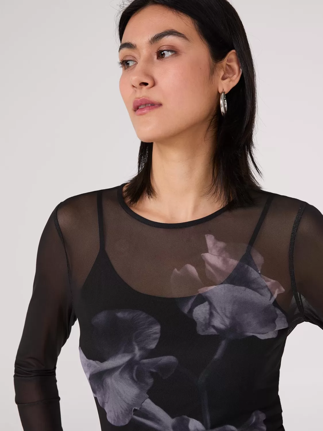 Suzy Shier Tops | Long Sleeve*Floral Placement Mesh Top With Cami