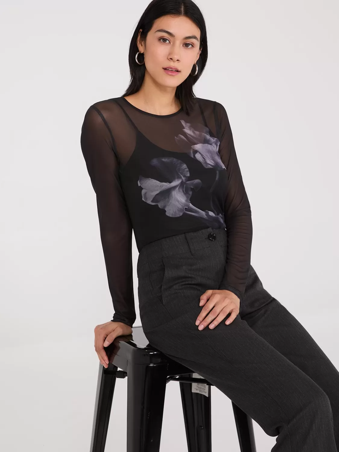 Suzy Shier Tops | Long Sleeve*Floral Placement Mesh Top With Cami
