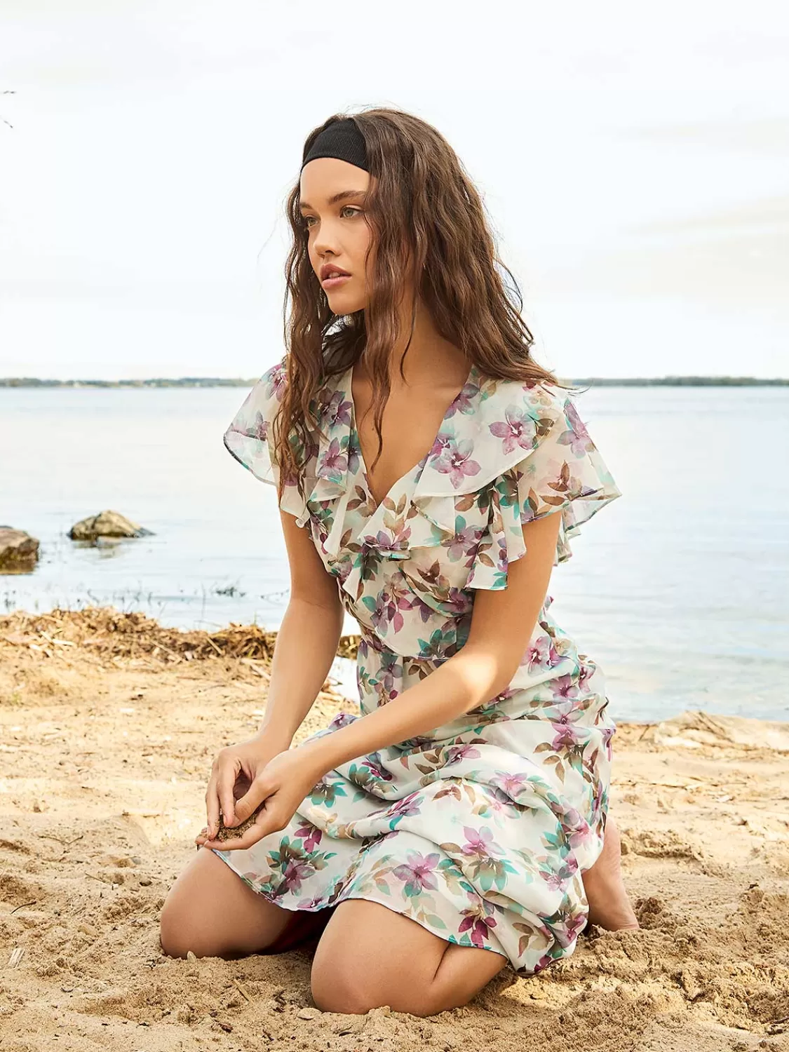 Suzy Shier Casual Dresses | Midi & Maxi*Floral Print Chiffon Midi Dress With Ruffle Details