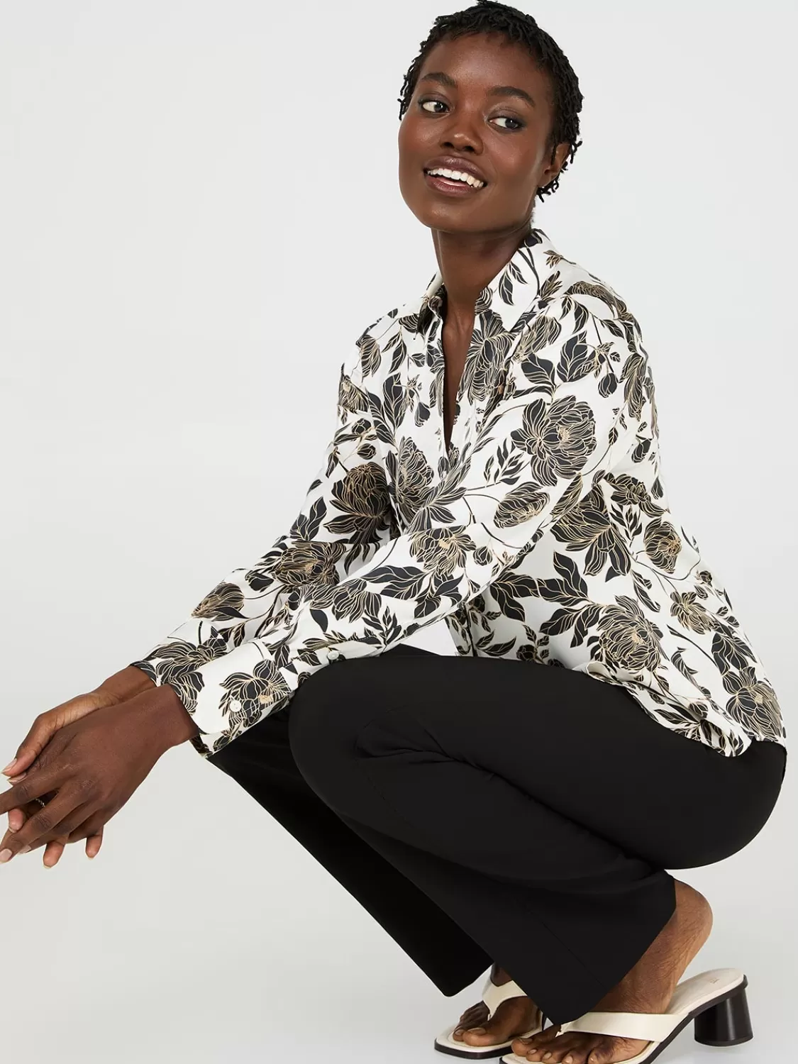 Suzy Shier Tops | Long Sleeve*Floral Print Satin Button-Front Blouse