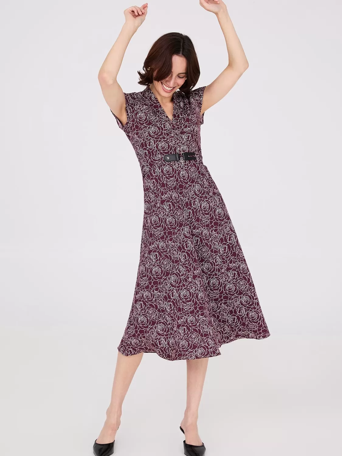Suzy Shier Midi & Maxi*Floral Print Shawl Collar Belted Midi Dress