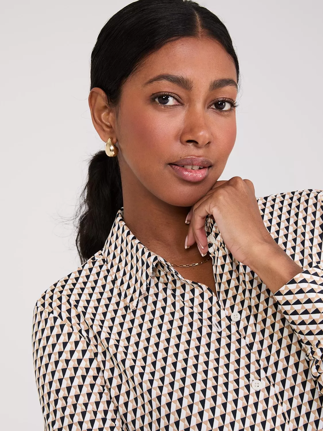 Suzy Shier Tops | Long Sleeve*Geo Print Button-Front Classic Blouse