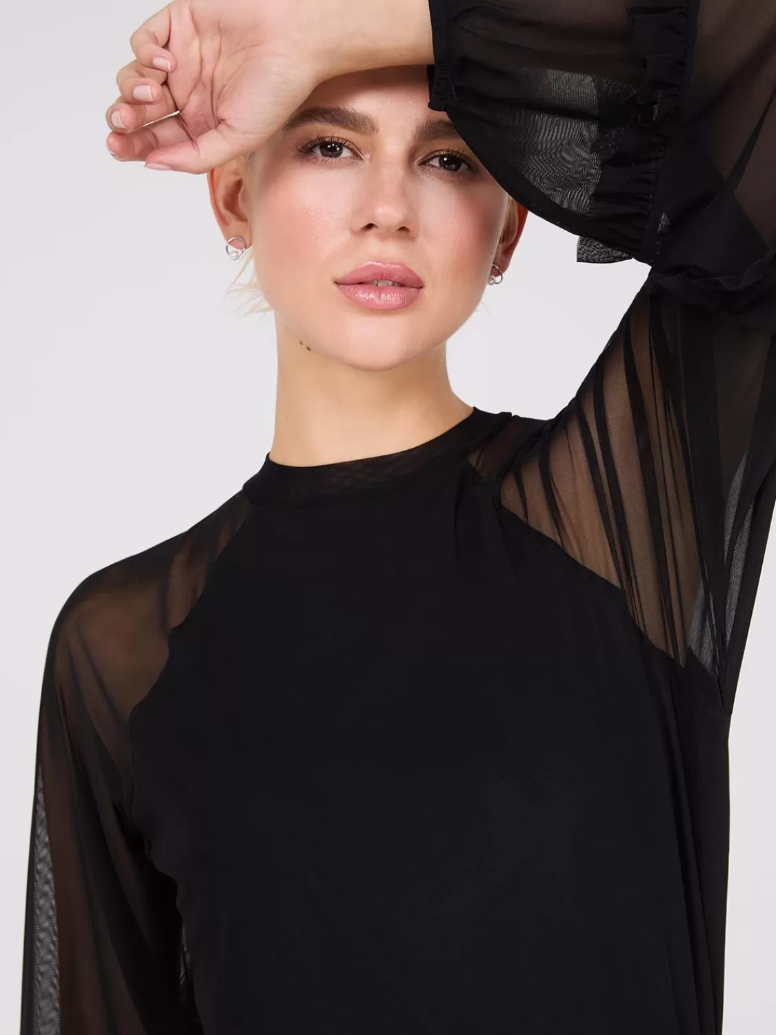 Suzy Shier Tops | Long Sleeve*Mock Neck Mesh Top With Ruffle Details
