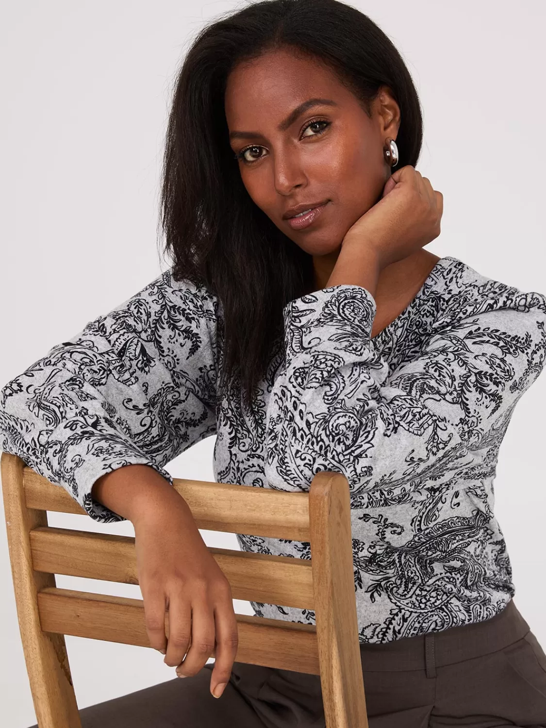 Suzy Shier Long Sleeve*Paisley Print Balloon Sleeve Top