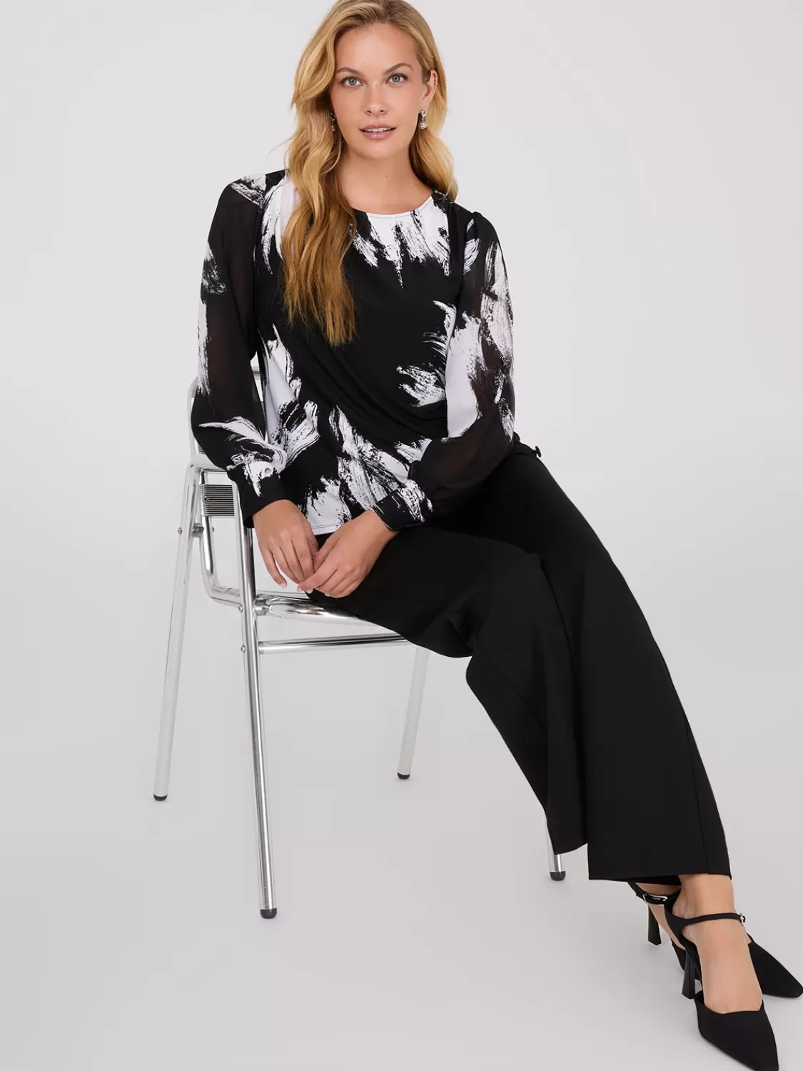 Suzy Shier Tops | Long Sleeve*Printed Long Chiffon Sleeve Boat Neck Top