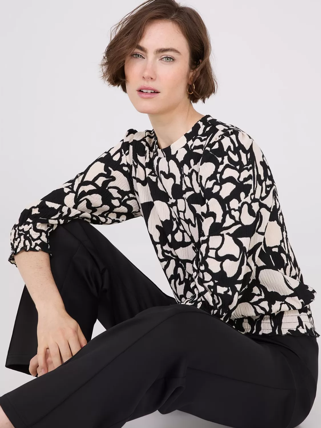 Suzy Shier Tops | Long Sleeve*Printed Textured 3/4 Sleeve Round Neck Top