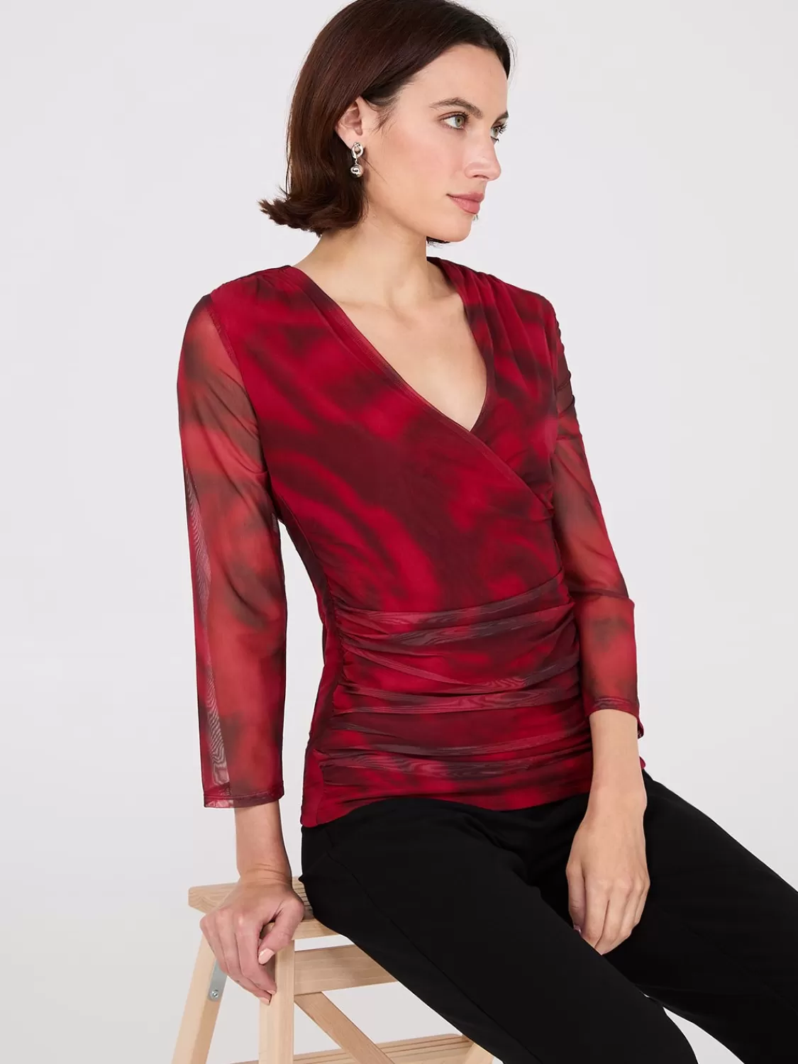 Suzy Shier Tops | Long Sleeve*Rose Print Crossover Mesh Top