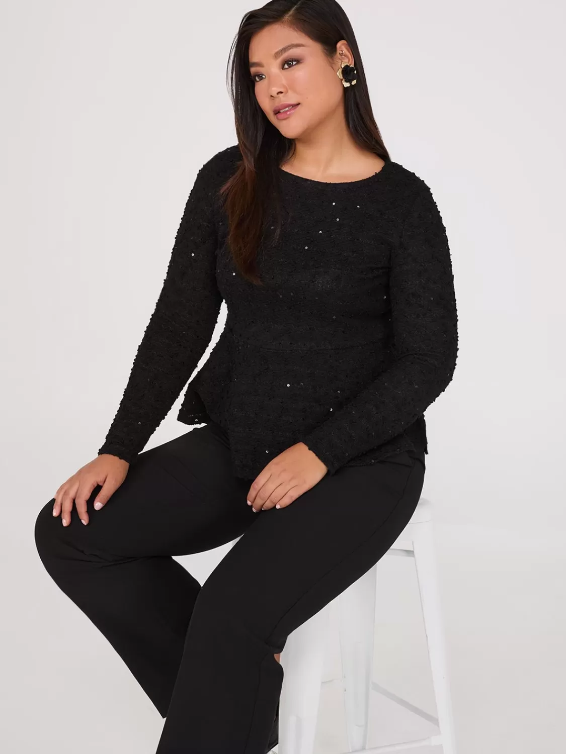 Suzy Shier Tops | Long Sleeve*Sequin Boucle Peplum Top