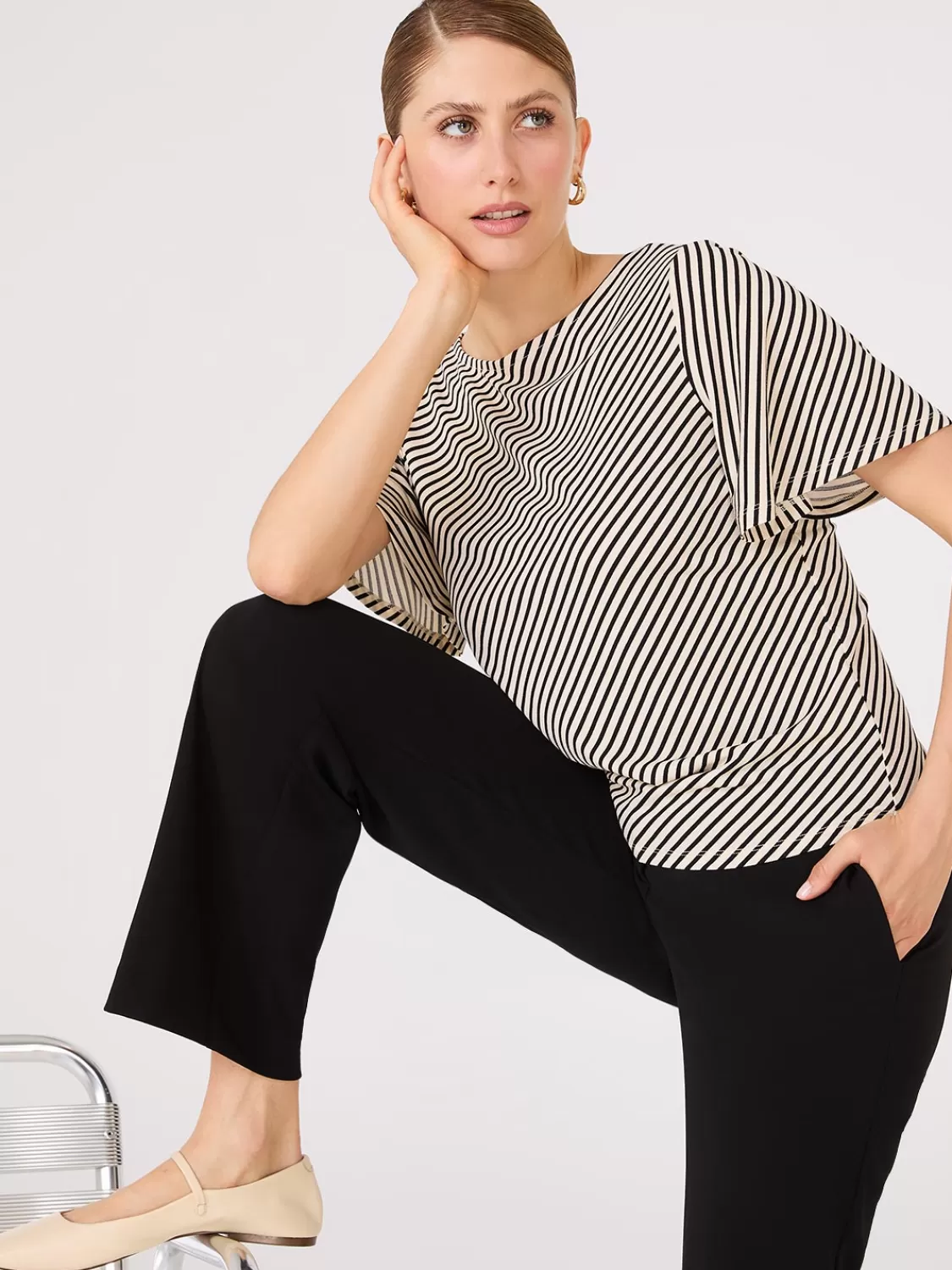 Suzy Shier Tops | Short Sleeve*Striped Flutter Sleeve Boat Neck Top